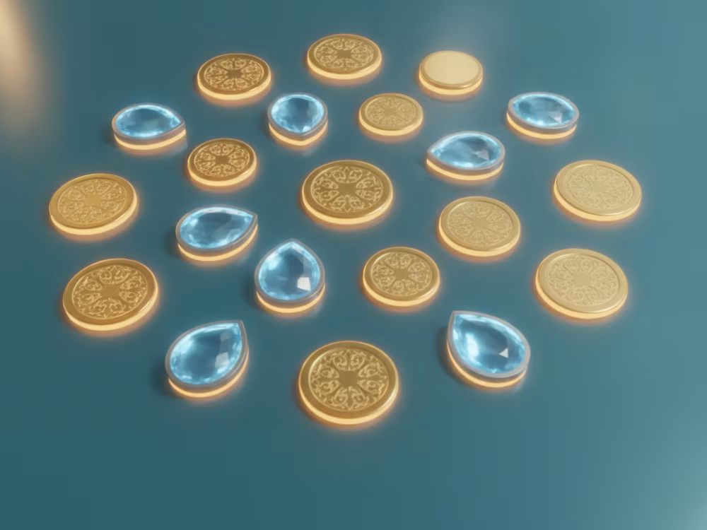 A stack of Halcyon Reels virtual coins used across the social casino